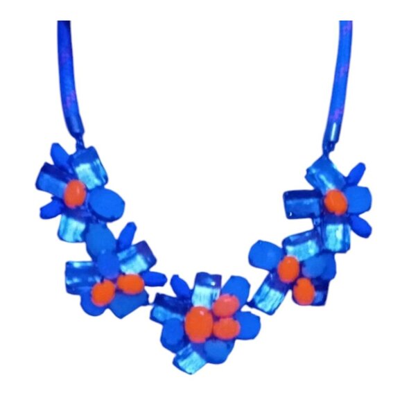 J. CREW Signed Vintage Chunky Blue Orange Rhinestone Floral Necklace Gold Tone - Picture 15 of 16